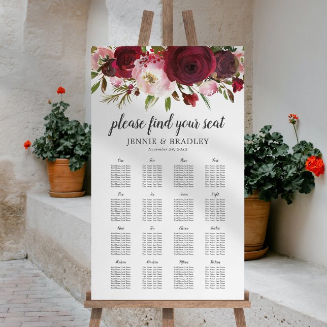 Burgundy Blush 16 Table Wedding Seating Chart Foam Board (Creator Uploaded)