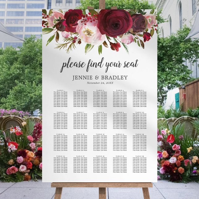 Burgundy Blush 20 Table Wedding Seating Chart Foam Board (Creator Uploaded)