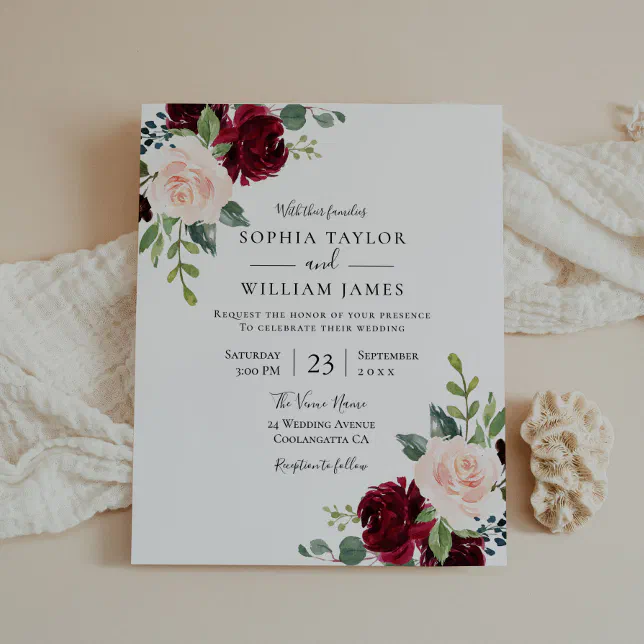 Burgundy Blush 2 Floral Budget Wedding Invitation | Zazzle