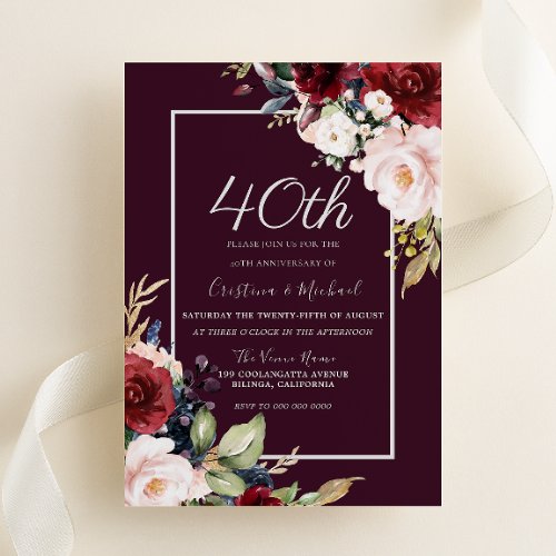 Burgundy  Blush 40th Wedding Anniversary Invitation