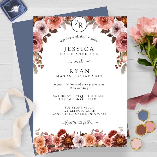 Burgundy, Blush and Blue Floral Wedding Invitation (Creator Uploaded)