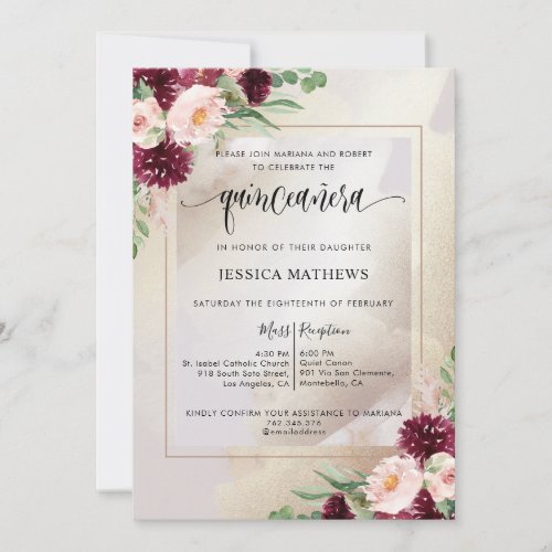 Burgundy Blush and Champagne Floral Quinceaera Invitation