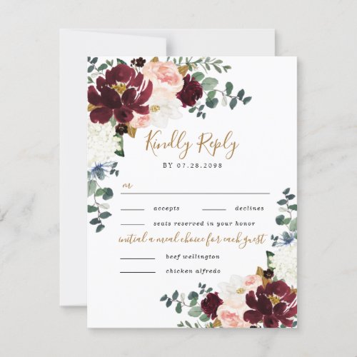 Burgundy Blush and Gold Two 2 Meal Choice Wedding  RSVP Card
