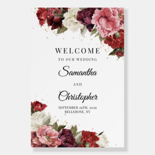 Burgundy blush and mauve flowers wedding welcome foam board