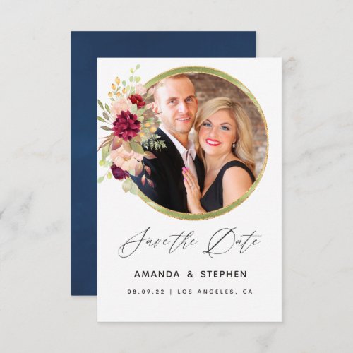 Burgundy Blush and Navy Floral Geometric Save The Date