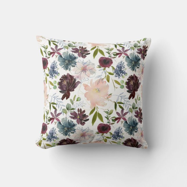 Burgundy, Blush and Navy Floral Throw Pillow (Front)