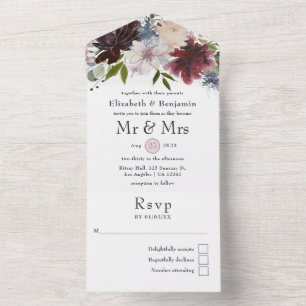 Burgundy, Blush and Navy Floral Wedding All In One Invitation