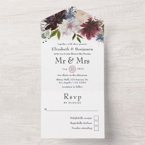 Burgundy Blush and Navy Floral Wedding All In One Invitation