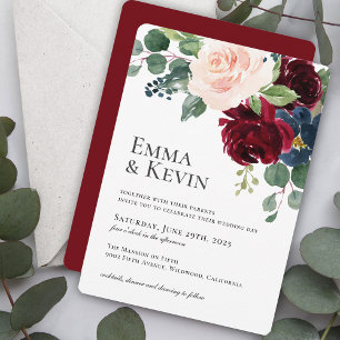 Burgundy Blush and Navy Floral Wedding Invitation