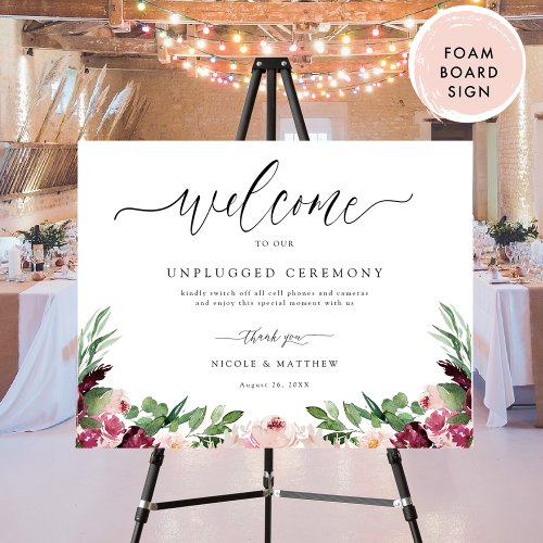 Burgundy Blush and Pink Welcome Unplugged Ceremony Foam Board
