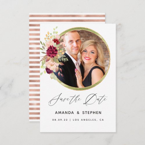 Burgundy Blush and Rose Gold Geometric Floral Save The Date