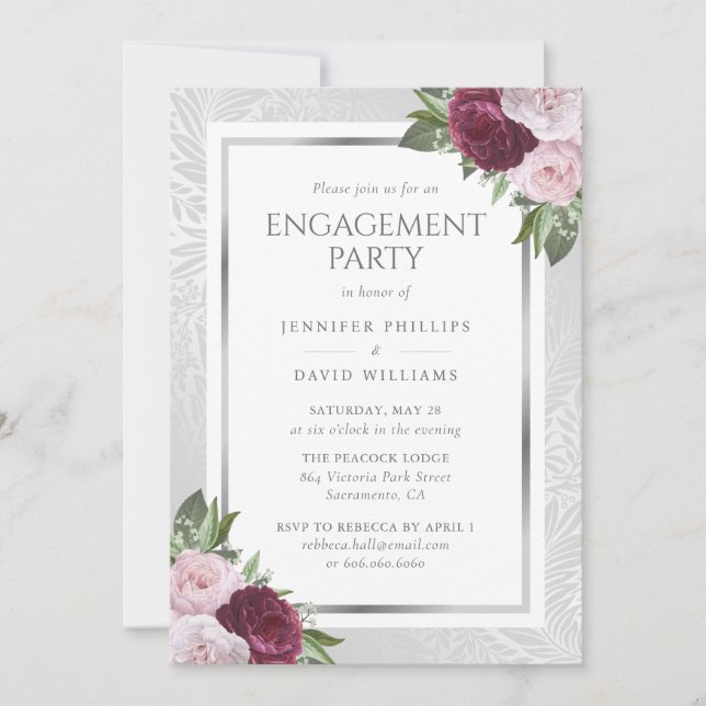 Burgundy Blush and Silver Floral Engagement Party Invitation (Front)