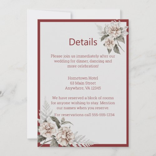  Burgundy Blush and White Roses Wedding Details Invitation