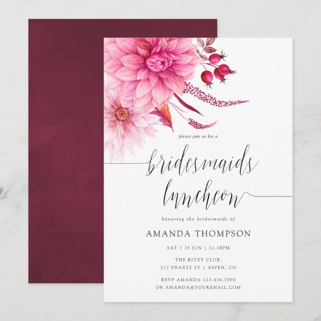 Burgundy & Blush Autumn Fall Bridesmaids Luncheon Invitation (Front/Back)