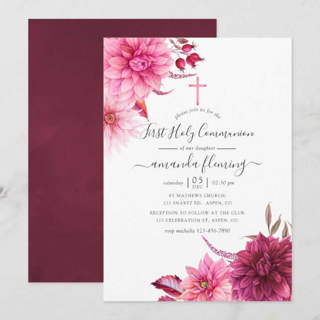 Burgundy & Blush Autumn Fall Floral Holy Communion Invitation (Front/Back)