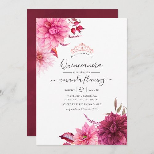 Burgundy  Blush Autumn Fall Floral Quinceaera Invitation