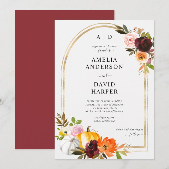 Burgundy Blush Autumn Floral Pumpkin Wedding Invitation (Front/Back)