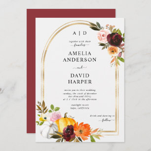 Burgundy Blush Autumn Floral Pumpkin Wedding Invitation