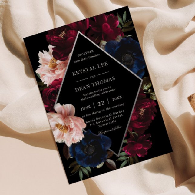 Burgundy Blush Black Navy Floral Silver Wedding Invitation (Creator Uploaded)