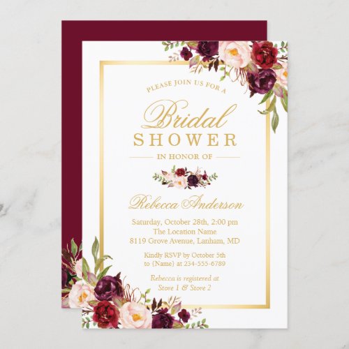 Burgundy Blush Bloom Floral Gold Bridal Shower Invitation