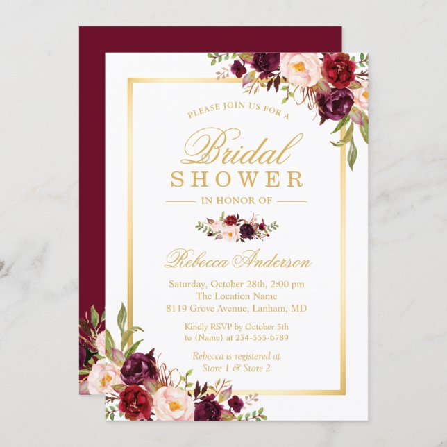Burgundy Blush Bloom Floral Gold Bridal Shower Invitation (Front/Back)