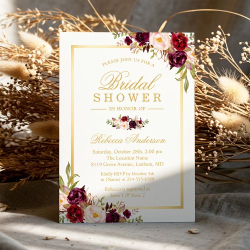 Burgundy Blush Bloom Floral Gold Bridal Shower Invitation