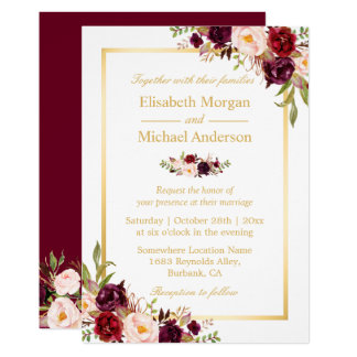 Burgundy Blush Bloom Floral Gold Frame Wedding Invitation
