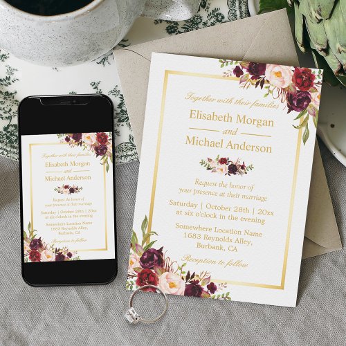 Burgundy Blush Bloom Floral Gold Frame Wedding Invitation