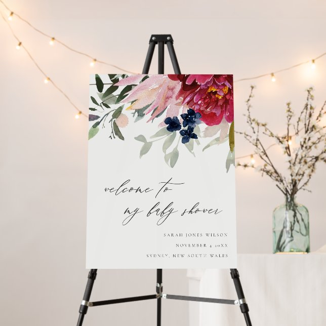 Burgundy Blush Blue Floral Baby Shower Welcome Foam Board (In Situ (Stand))