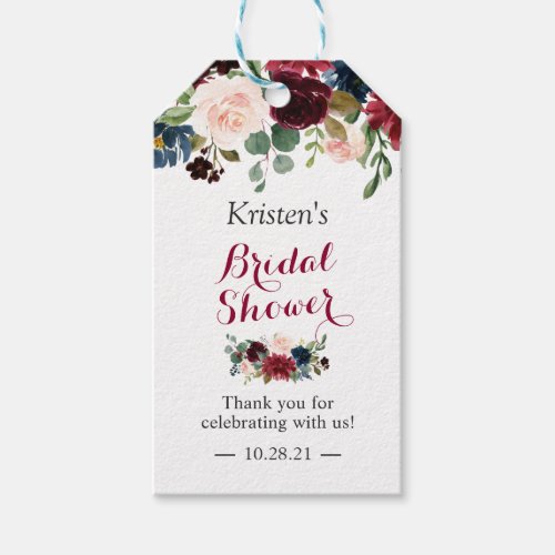 Burgundy Blush Blue Floral Bridal Shower Favor Gift Tags