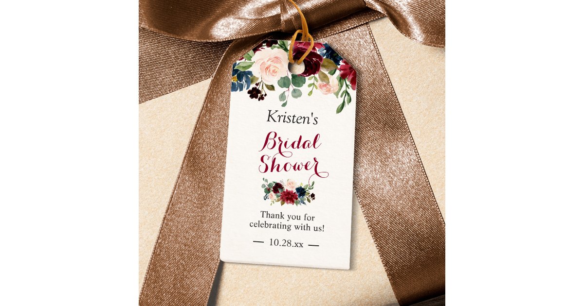 Burgundy Blush Blue Floral Bridal Shower Favor Gift Tags | Zazzle
