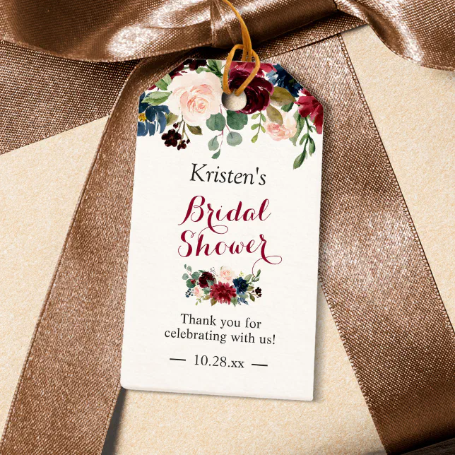 Burgundy Blush Blue Floral Bridal Shower Favor Gift Tags | Zazzle