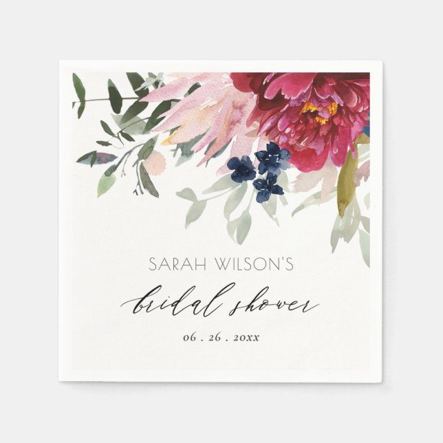 Burgundy Blush Blue Floral Bunch Bridal Shower Napkins (Front)