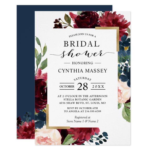 Burgundy Blush Blue Floral Modern Bridal Shower Invitation