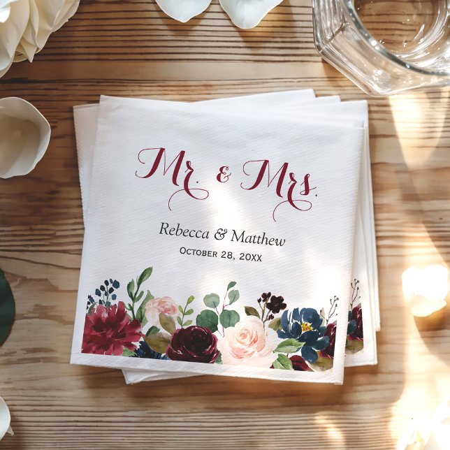 Burgundy Blush Blue Floral Mr and Mrs Wedding Napkins (Creator Uploaded)