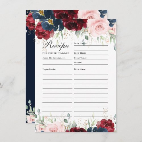 Burgundy Blush Blue Floral Recipe For Bride Card