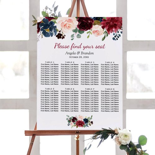 Burgundy Blush Blue Floral Wedding Seating Chart