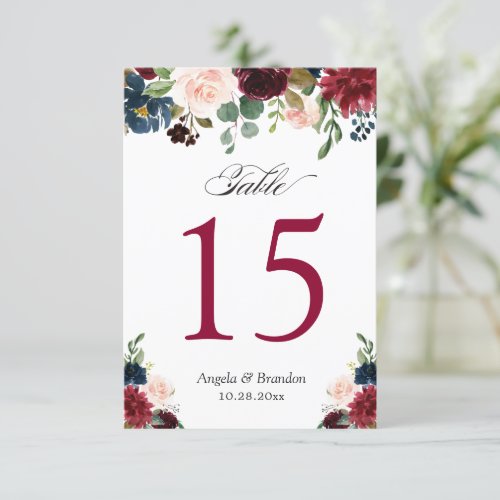 Burgundy Blush Blue Floral Wedding Table Numbers - Burgundy Blush Blue Floral Wedding Table Number Card. 
(1) Please customize this template one by one (e.g, from number 1 to xx) , and add each number card separately to your cart. 
(2) For further customization, please click the "customize further" link and use our design tool to modify this template. 
(3) If you need help or matching items, please contact me.