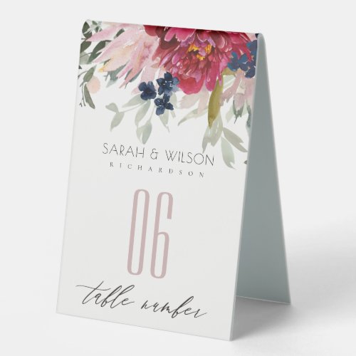 Burgundy Blush Blue Floral Wedding Table Numbers Table Tent Sign