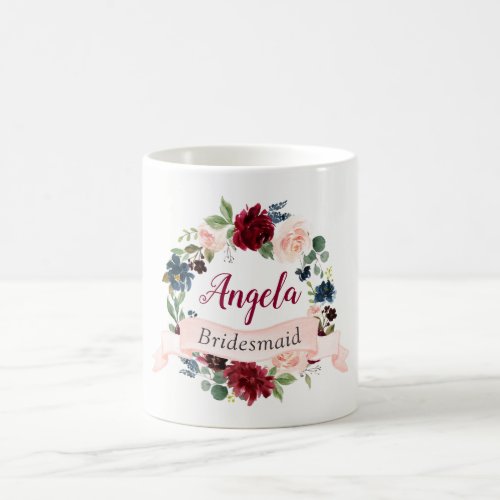 Burgundy Blush Blue Floral Wreath Bridesmaid Favor Coffee Mug