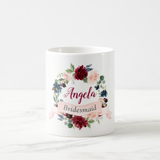 Burgundy Blush Blue Floral Wreath Bridesmaid Favor Coffee Mug (Center)