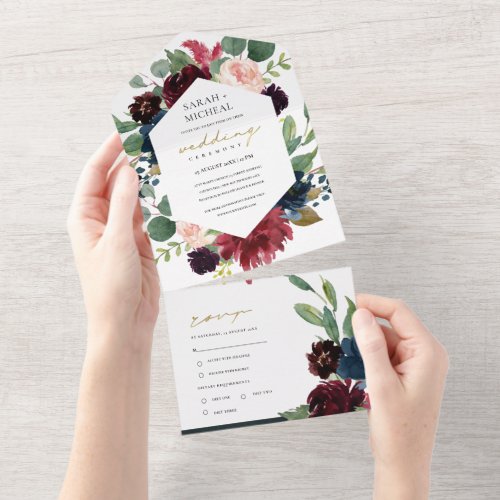 BURGUNDY BLUSH BLUE GREEN WATERCOLOR FLORAL ALL IN ALL IN ONE INVITATION