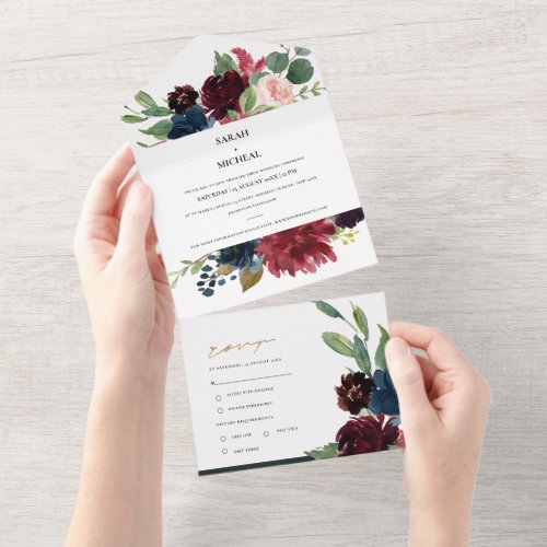 BURGUNDY BLUSH BLUE GREEN WATERCOLOR FLORAL ALL IN ONE INVITATION