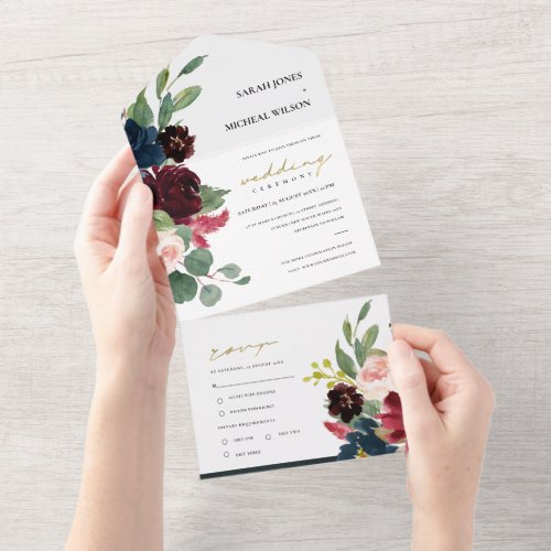 BURGUNDY BLUSH BLUE GREEN WATERCOLOR FLORAL ALL IN ONE INVITATION