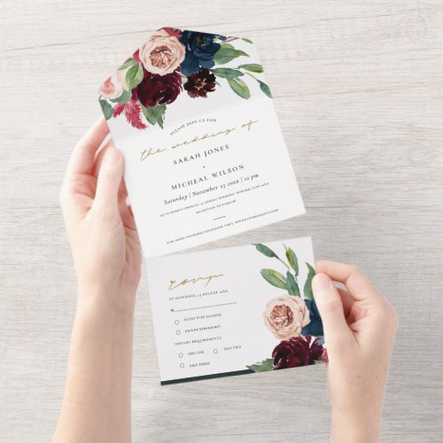 BURGUNDY BLUSH BLUE GREEN WATERCOLOR FLORAL  ALL IN ONE INVITATION