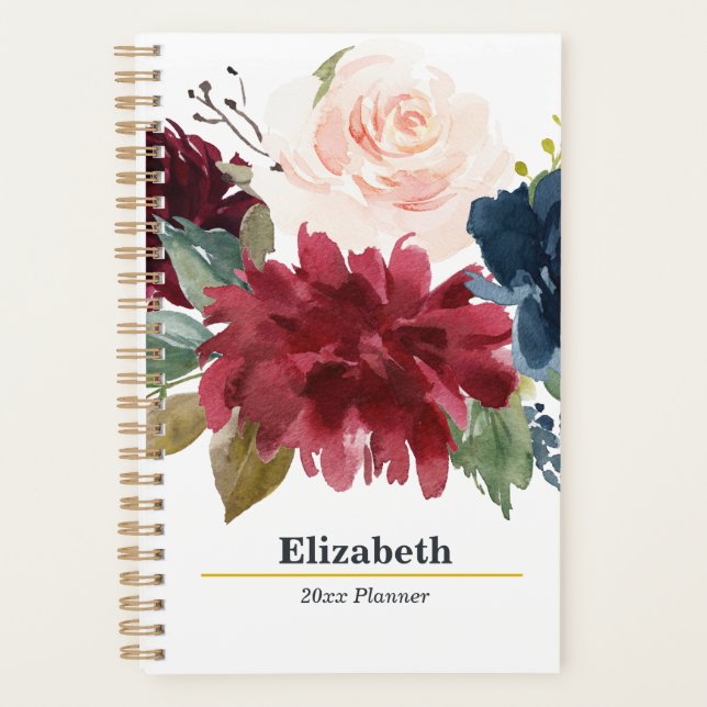 Burgundy Blush Boho Bouquet Yearly Monthly Weekly Planner (Front)