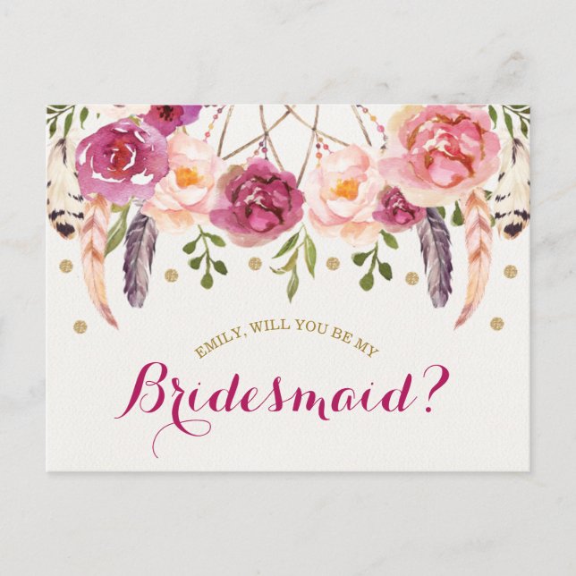 Burgundy Blush Boho Floral Be My Bridesmaid Card (Front)