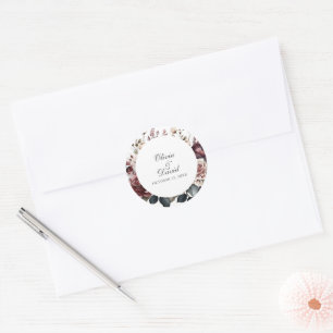 Burgundy & Blush Boho Floral Round Wedding Classic Round Sticker