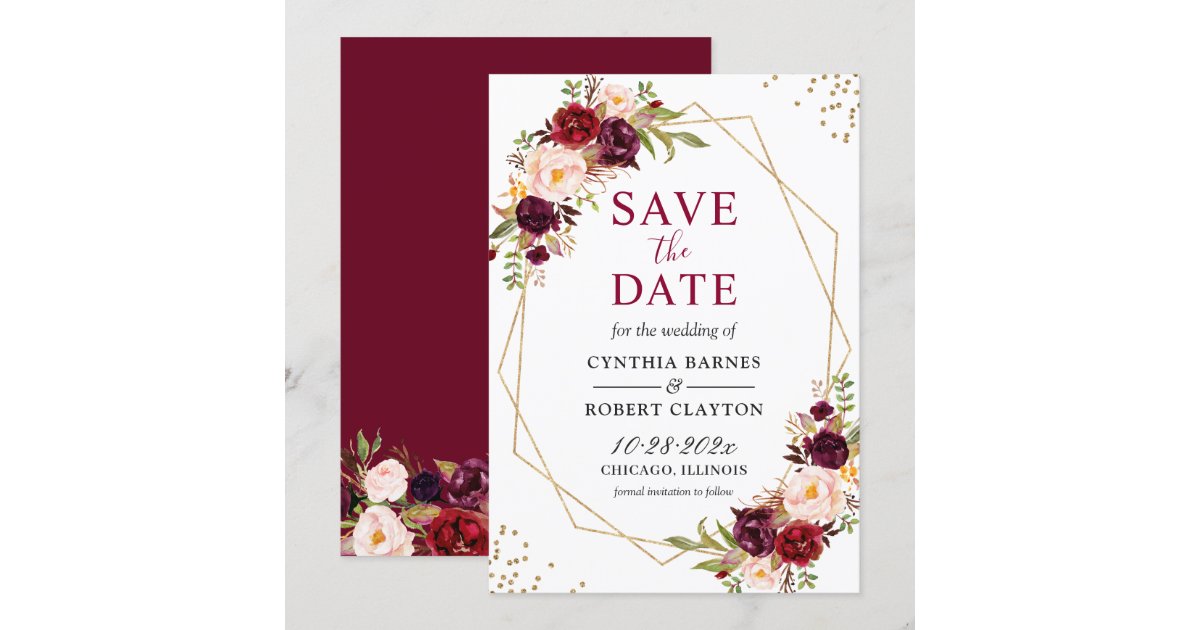 Burgundy Blush Boho Floral Trendy Gold Geometric Save The ...