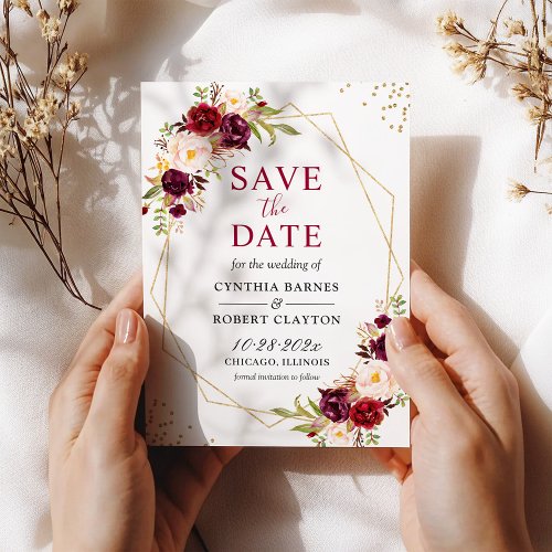 Burgundy Blush Boho Floral Trendy Gold Geometric Save The Date